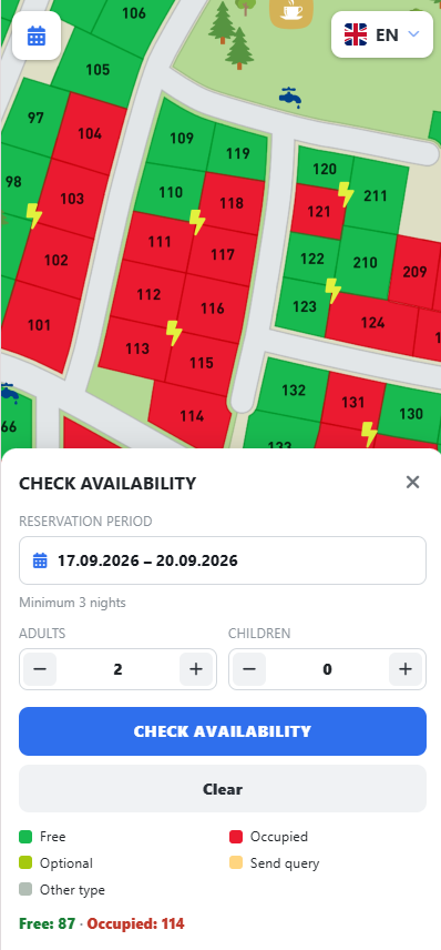 Campguest map with pitches coloured green for free and red for booked, and a Check availability panel with a date picker