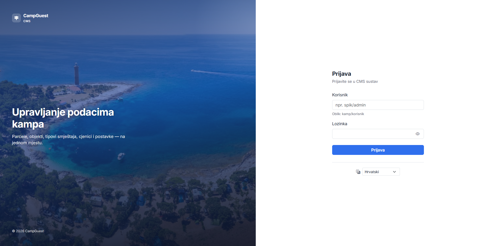 Campguest CMS sign-in: a branded split screen with a campsite photo and the login form