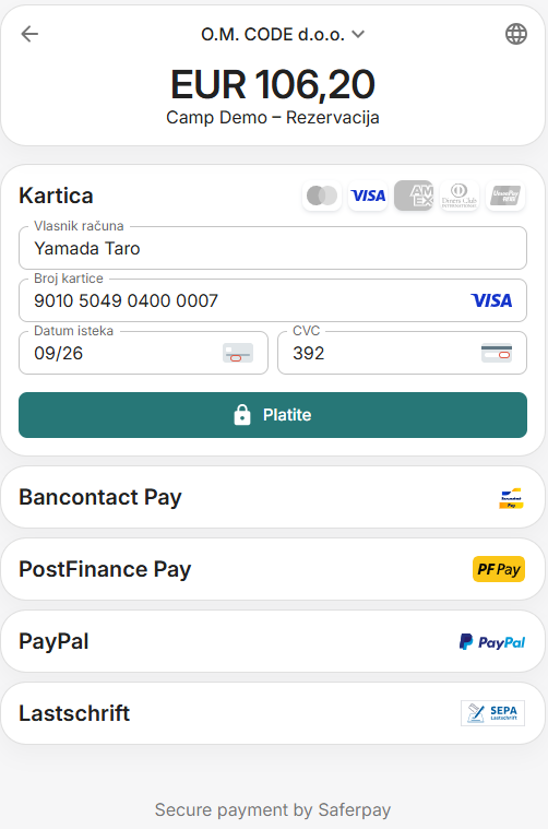 Card payment screen: cardholder, card number, expiry and CVC with a Pay button — secured by Saferpay with 3-D Secure