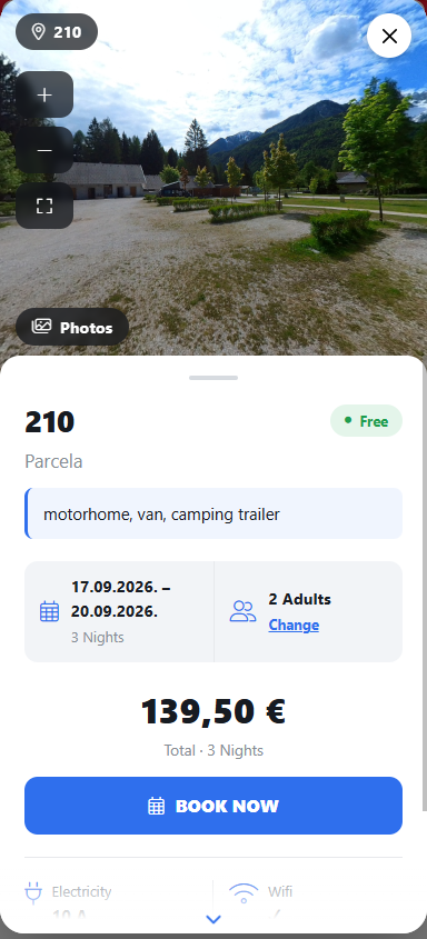 A pitch panel in the app: 360° panorama, amenities (power, water, wi-fi), dimensions and a Check availability button